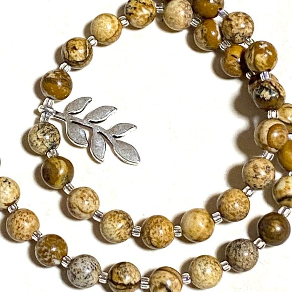 Jasper Stone Silver Leaf Branch Necklace, Genuine Gemstone Beaded Necklace - Picture 7 of 9